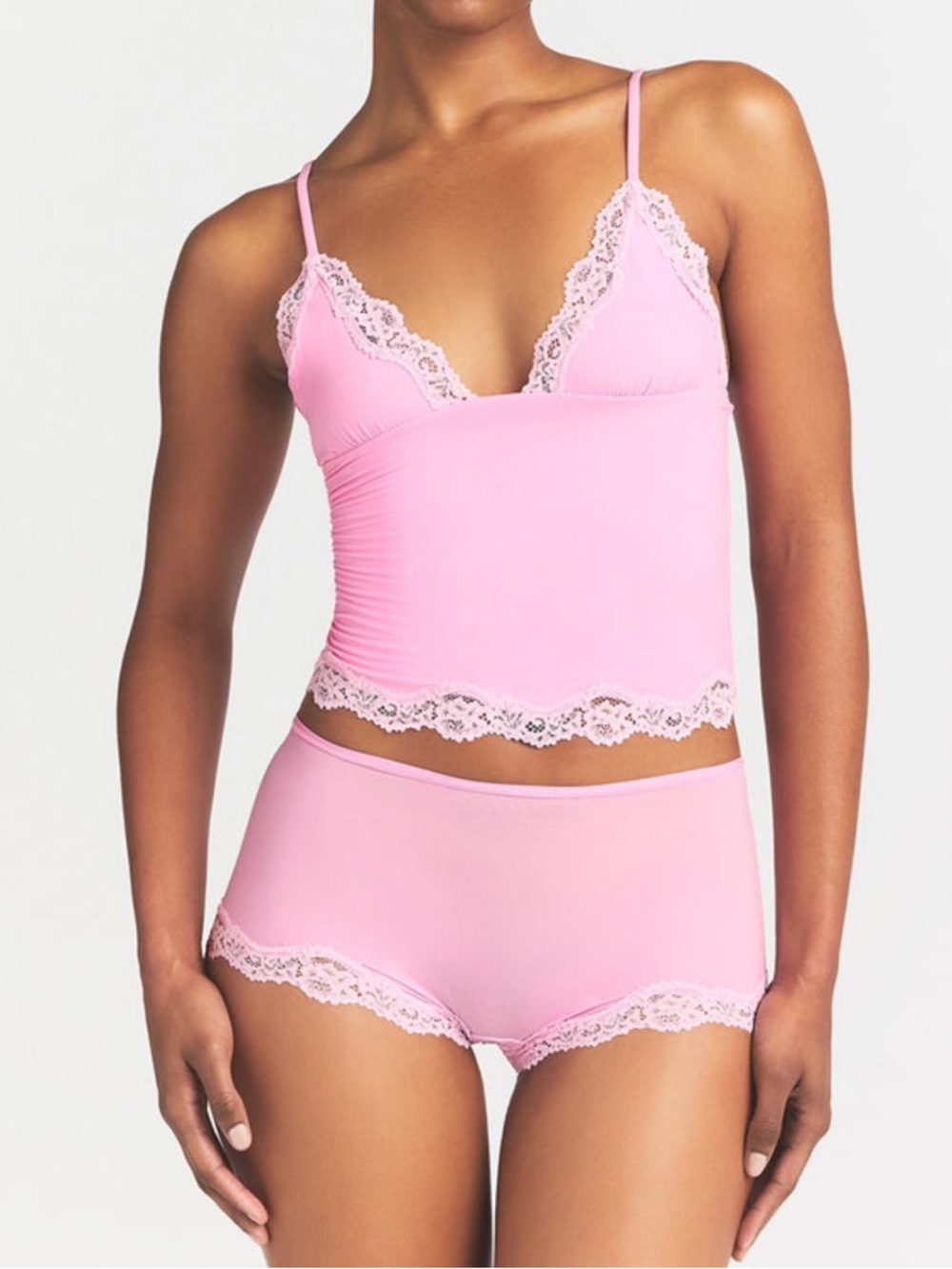 SKIMS FITS EVERYBODY LACE TRIANGLE CAMI BOY SHORT SET IN BUBBLEGUM size MEDIUM